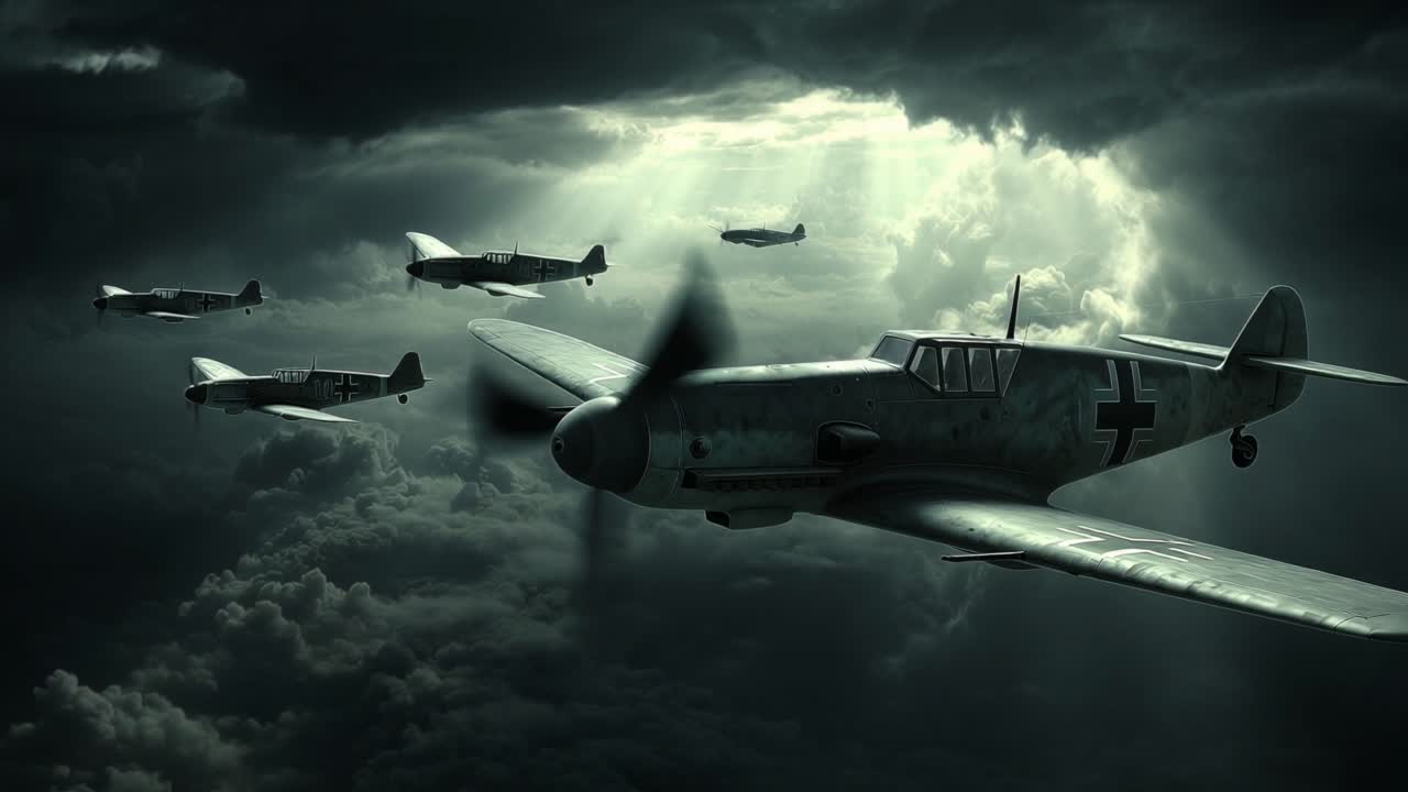 Antique aircraft in stormy sky classic propeller planes maneuver amidst ominous thundercloud