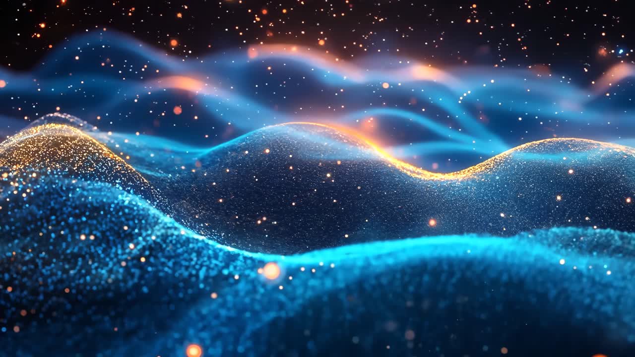 A blue and orange wave with a lot of sparkles. The wave is very large and has a lot of sparkles