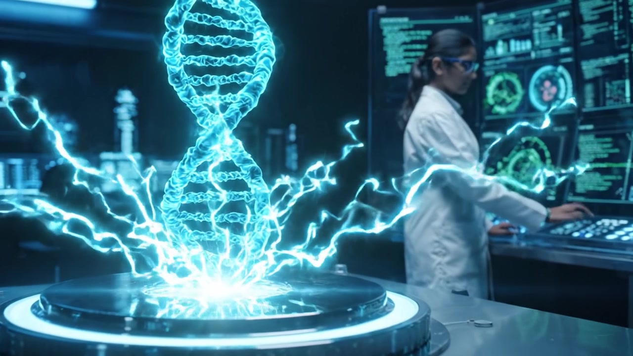 A Scientist Analyzing Genetic Data in a High-Tech Laboratory Featuring a Holographic DNA Structure and Advanced Digital Interfaces