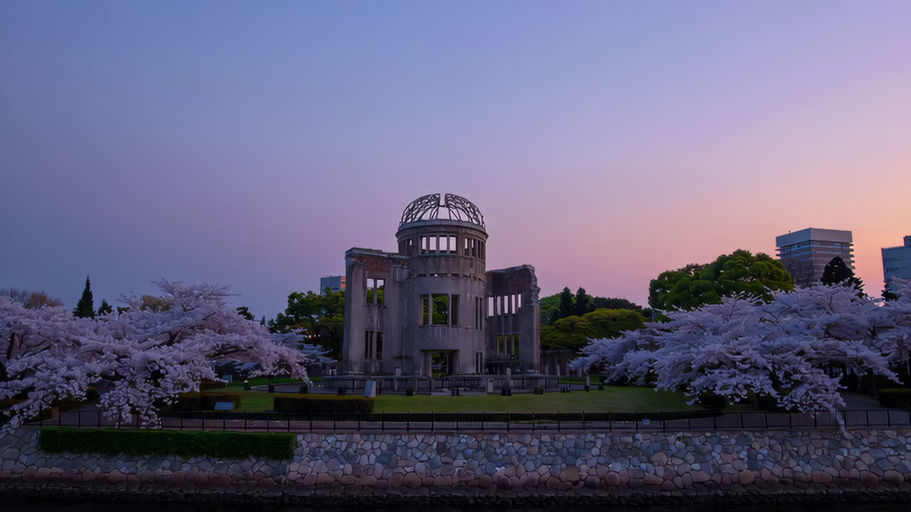 Hiroshima Peace Memorial Park at Dawn with Cherry Blossoms