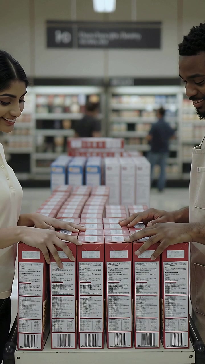Vertical video: Placing hands on boxes, store staff aligning on cart in aisle in aprons to finish