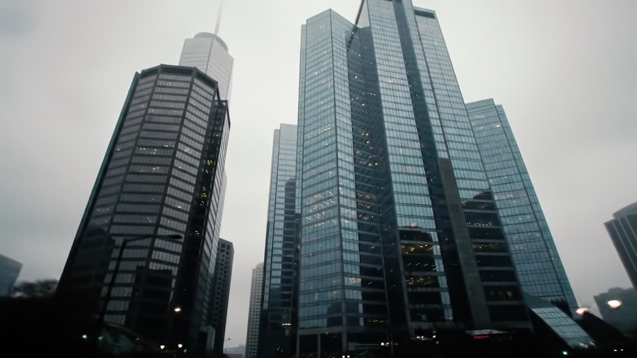 Aerial Views of Urban Skyscrapers Shrouded in Mist: Exploring the Architectural Majesty of City Towers Beneath a Foggy Skyline
