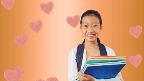 animation of schoolgirl over multiple heart on orange