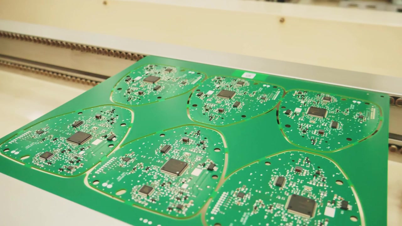 Machine works on circuit boards at vehicle tech manufacturer, close view