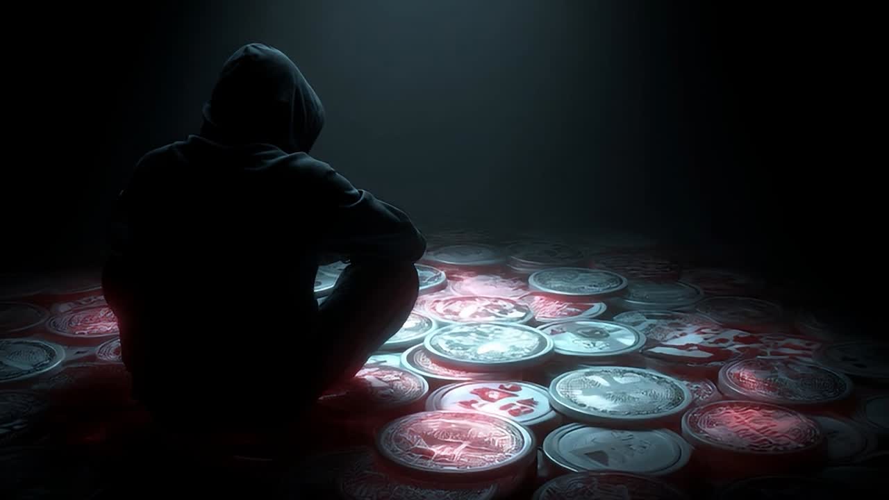 暗い環境で仮想通貨のハッカーが仮想通貨にまぎれてしゃがんでいます。