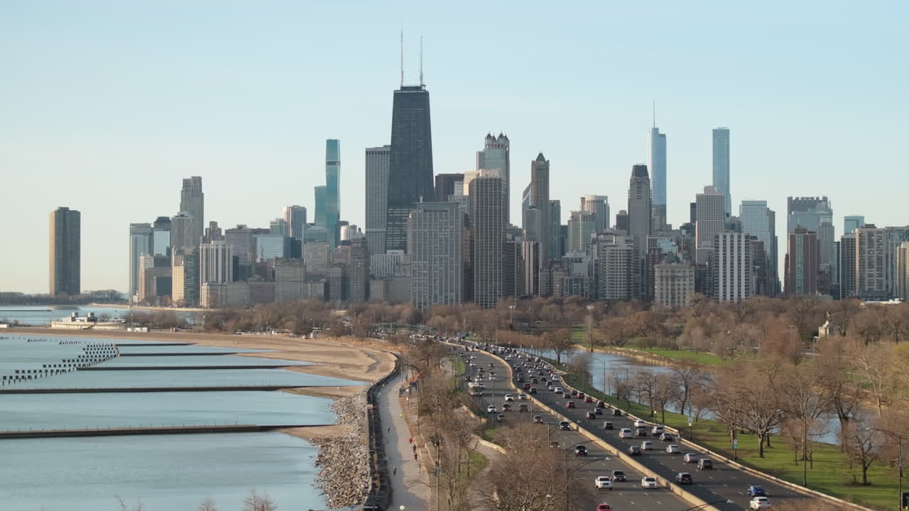 Aerial view of Chicago at sunrise. Shot on a spring morning along Lake Michigan.