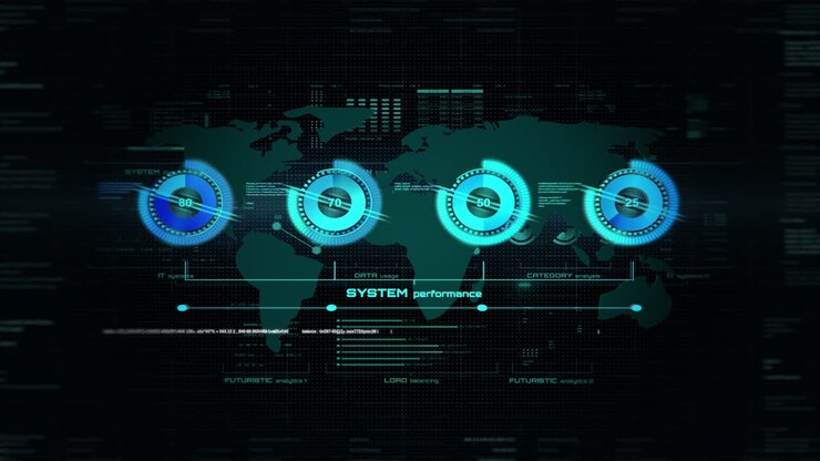 4K futuristic HUD animation showing data analytics over a glowing world map. Colorful progress circles display system performance and statistics. Ideal for tech, data, or infographic projects