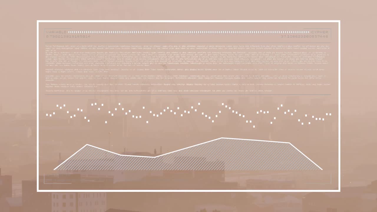 animación de la interfaz con el procesamiento de datos frente a una vista aérea del paisaje urbano