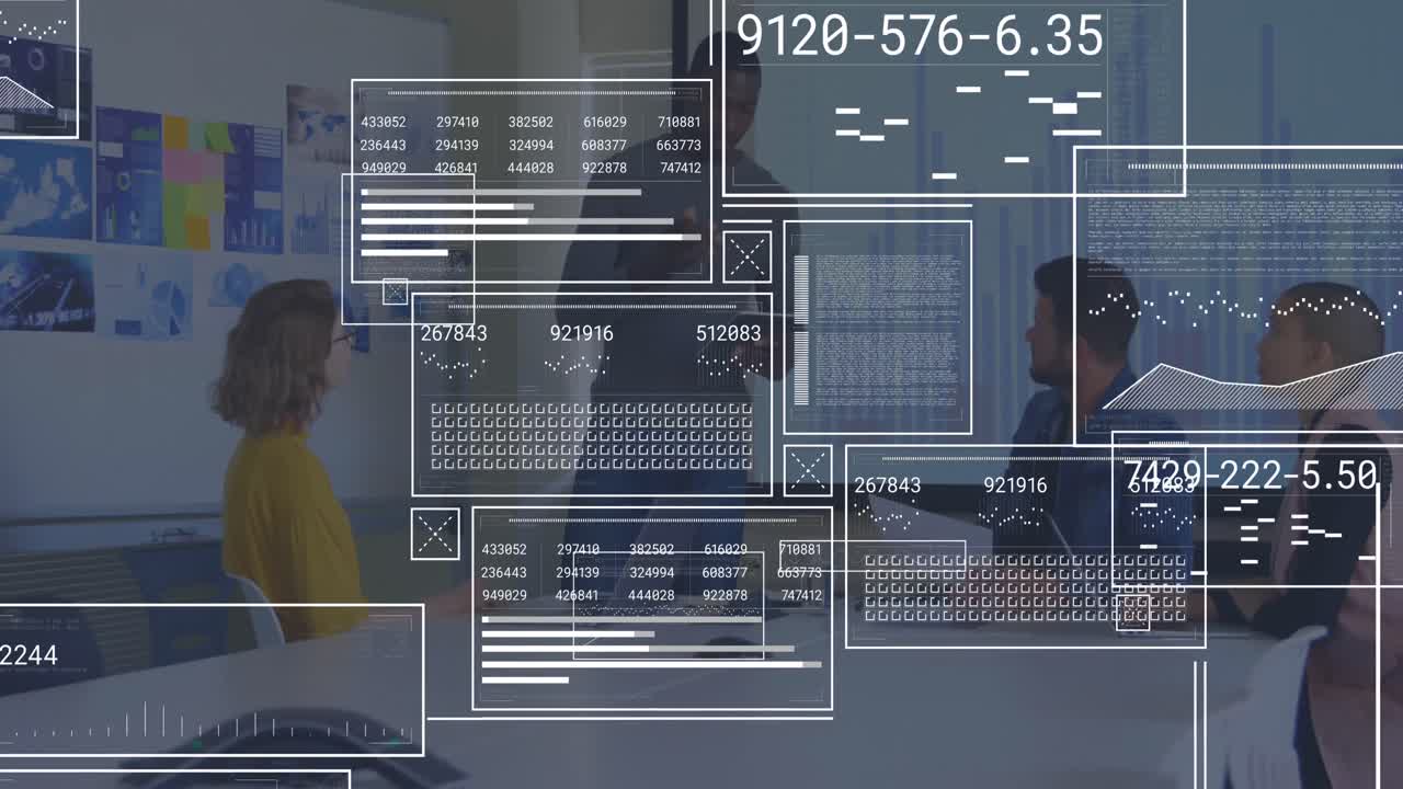 Animation of rectangles with numbers, loading bars, graphs, diverse coworkers discussing in meeting