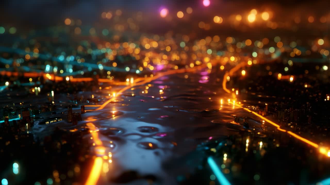 An intricate cityscape illuminated by vibrant neon lights reflects on a slick surface, showcasing a mesmerizing blend of colors and patterns that evoke the energy of urban nightlife and technological innovation