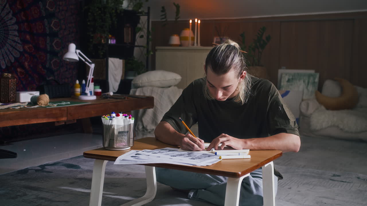 Caucasian Designer Bringing Fashion Ideas to Paper at Studio