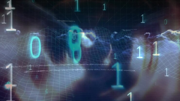 Animation of data processing over clouds on black background
