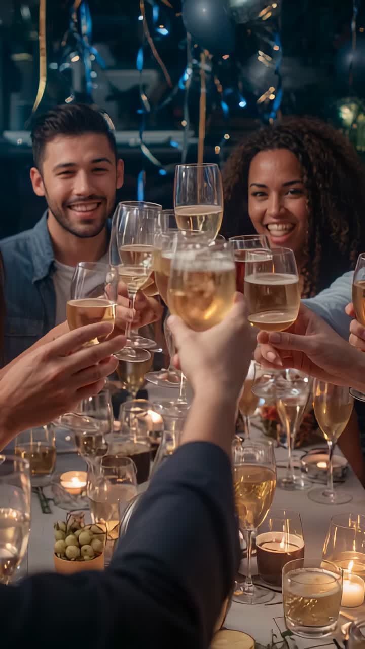 Vertical video: Raising glasses, hands clinking and toasting at table man denim woman white candles