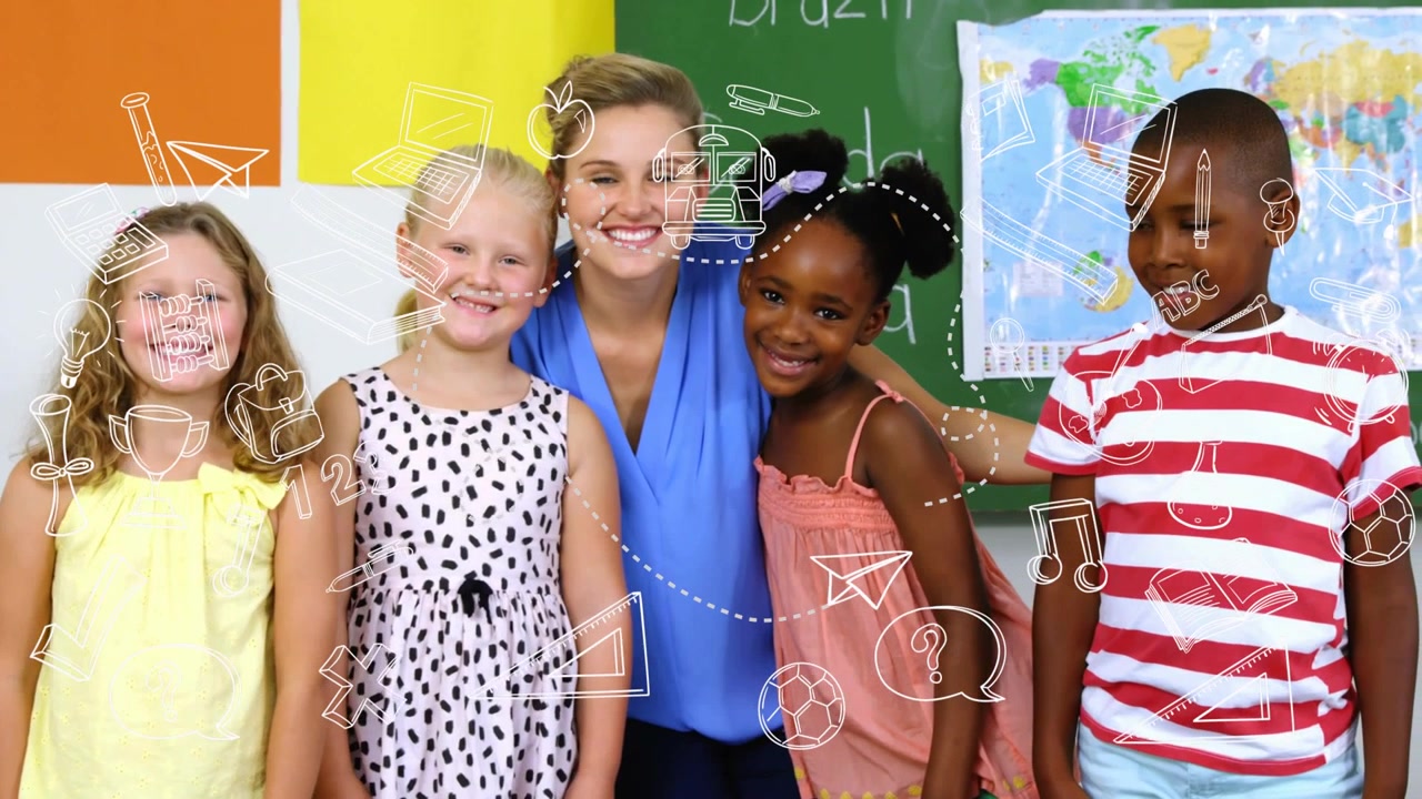 Teacher leaning wrapping arm causing students huddling smiling for school pose with doodles overlay