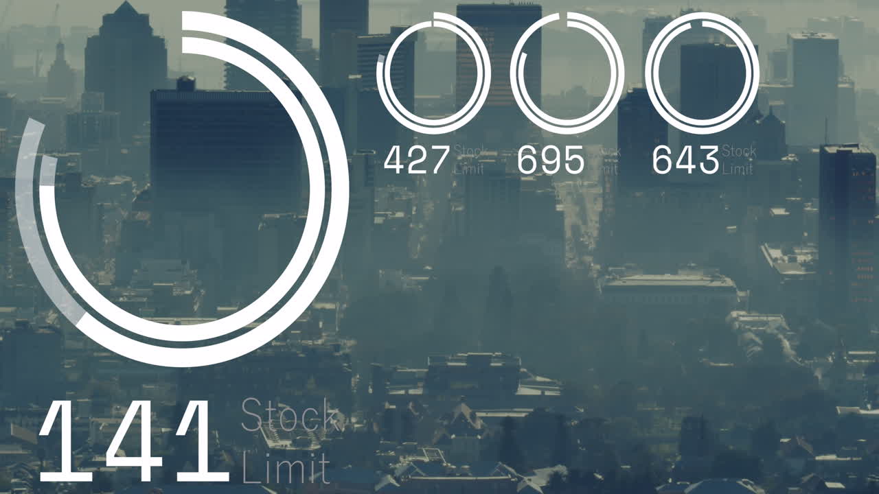 Animation of financial data processing over cityscape