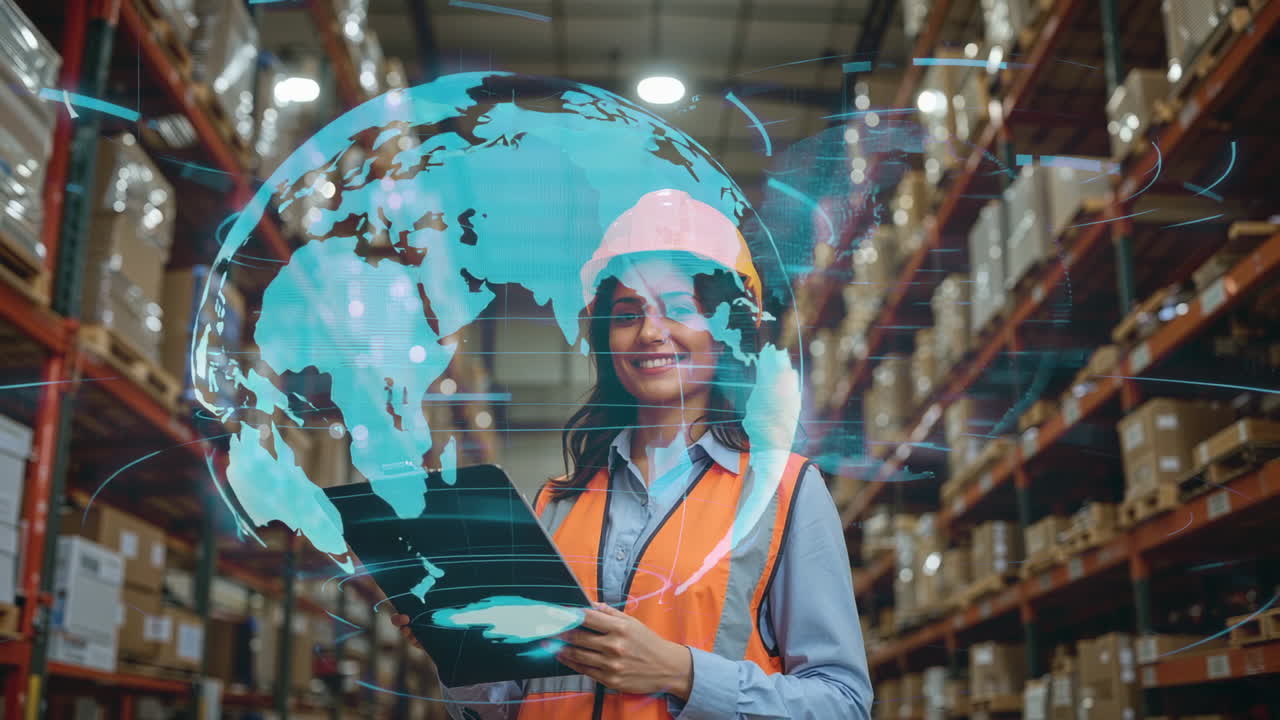 Woman Managing Global Supply Chain Logistics with Digital Technology in Warehouse