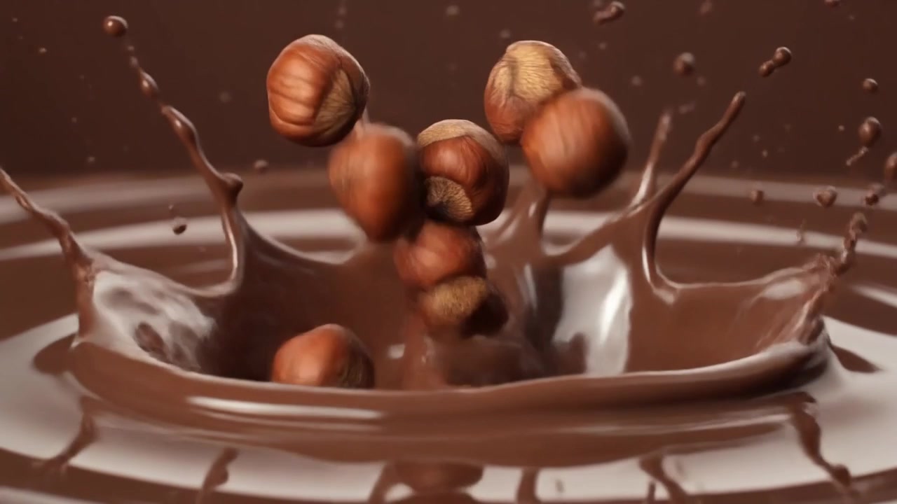 Nocciole che cadono nel cioccolato liquido creando uno schizzo
