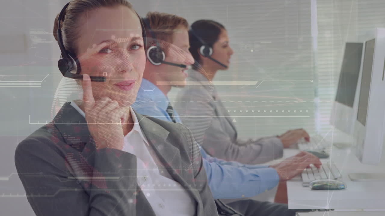 Animation of data processing over diverse business people using phone headsets