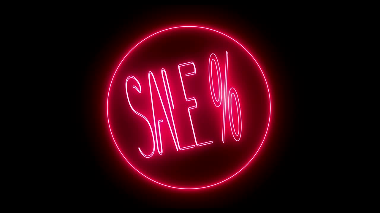 4k venta % animación - luz de neón roja, fondo negro