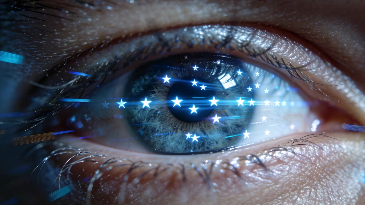 Mostra un singolo occhio umano in primo piano in studio, immobile, con stelle animate che iniziano ad attraversare la cornea.