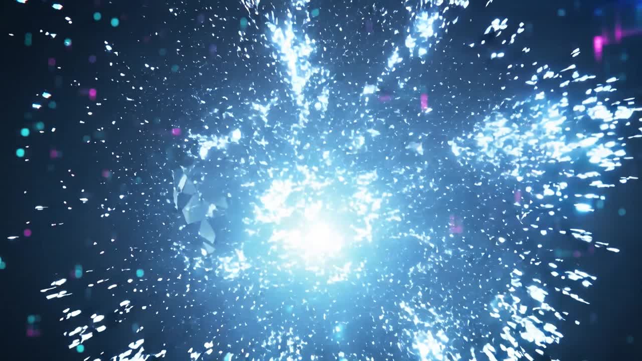 Sfera di vetro fluttuante che si trasforma in una gemma sfaccettata, rompendosi in frammenti in studio mentre bagliori interni si innalzano.