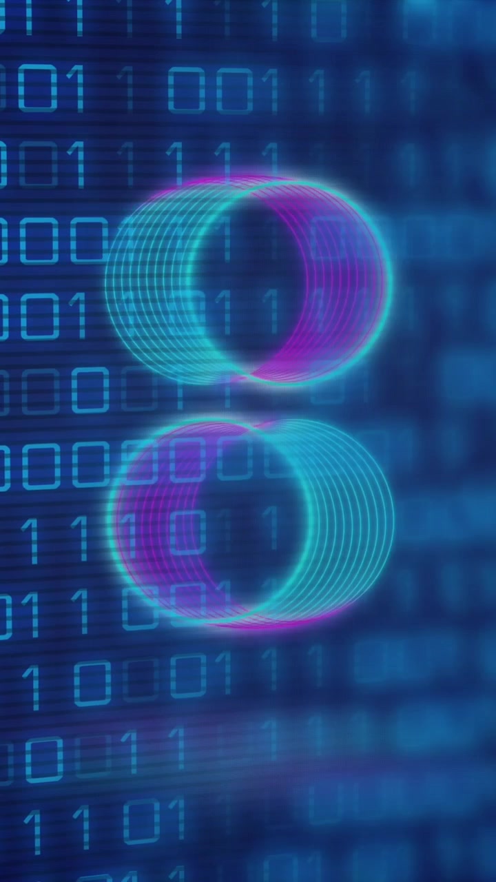 Animation of neon circles over digital screen with binary code
