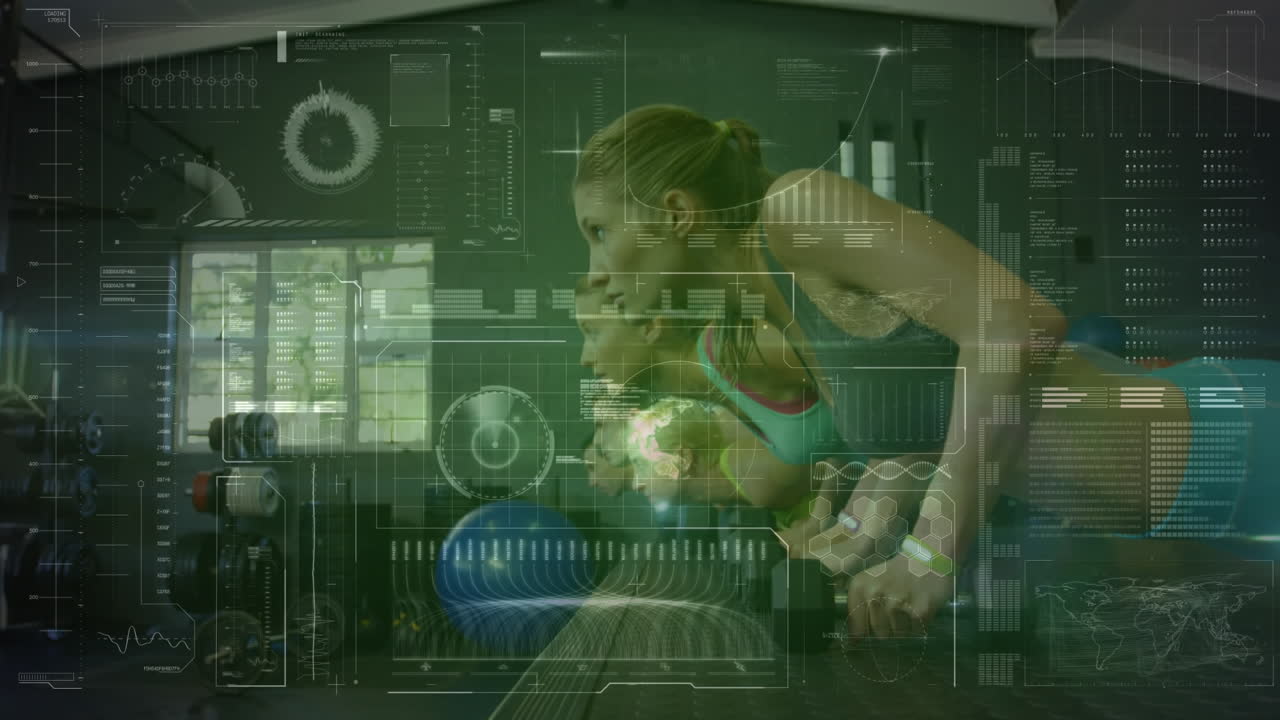 animación de escaneo de alcance y procesamiento de datos sobre mujeres que hacen ejercicio en el gimnasio