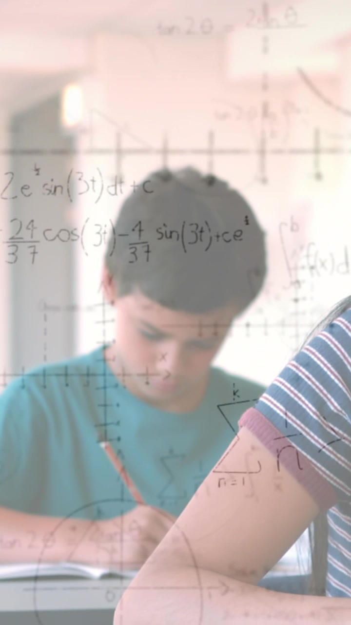 Animation of mathematical equations over school children writing in classroom