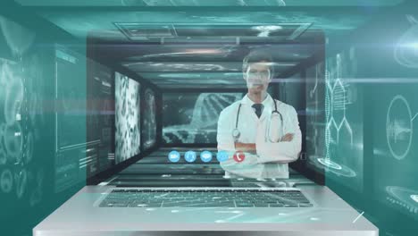 animation of a laptop screen showing male doctor during a video call.