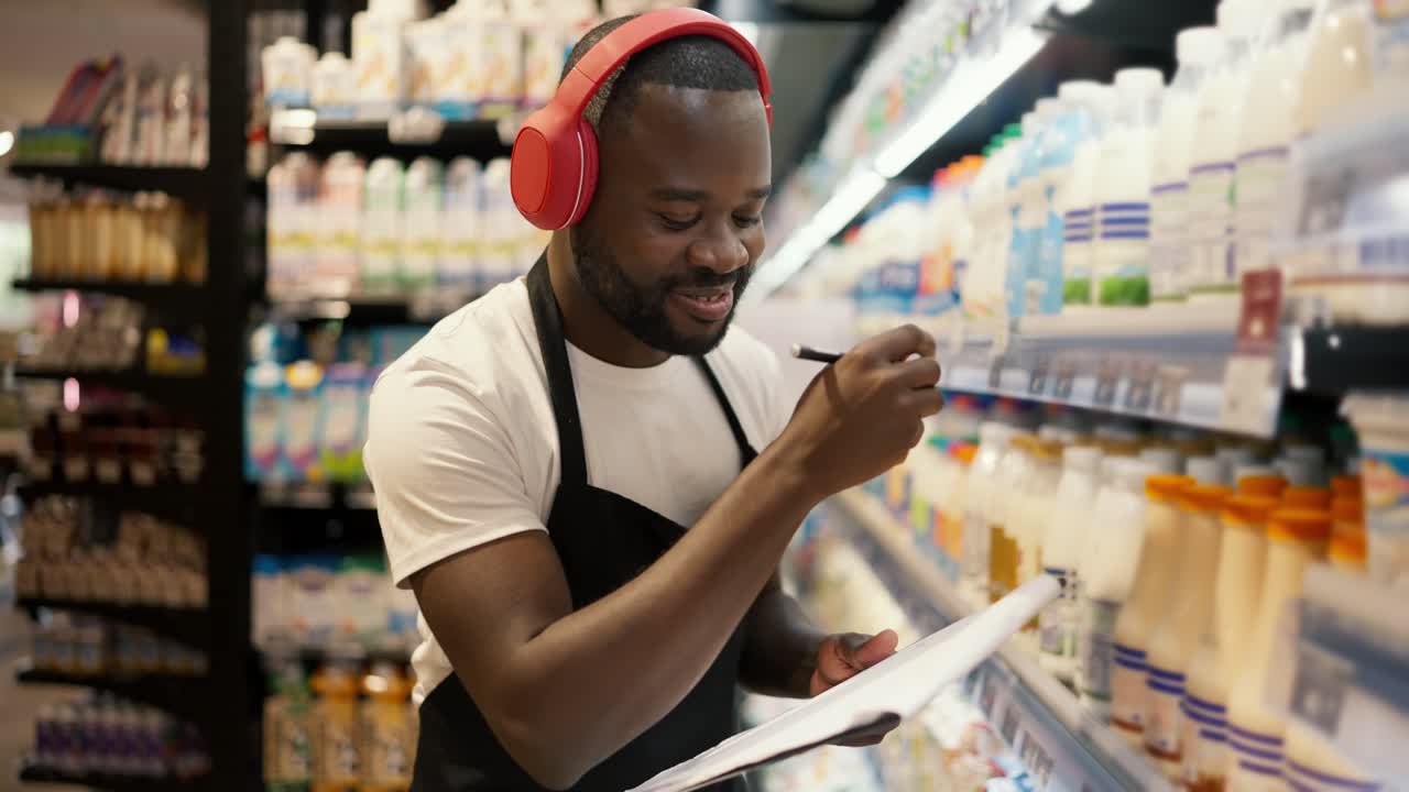 a Black man in red headphones and a black apron does inventory in the dairy department, listens to music and dances