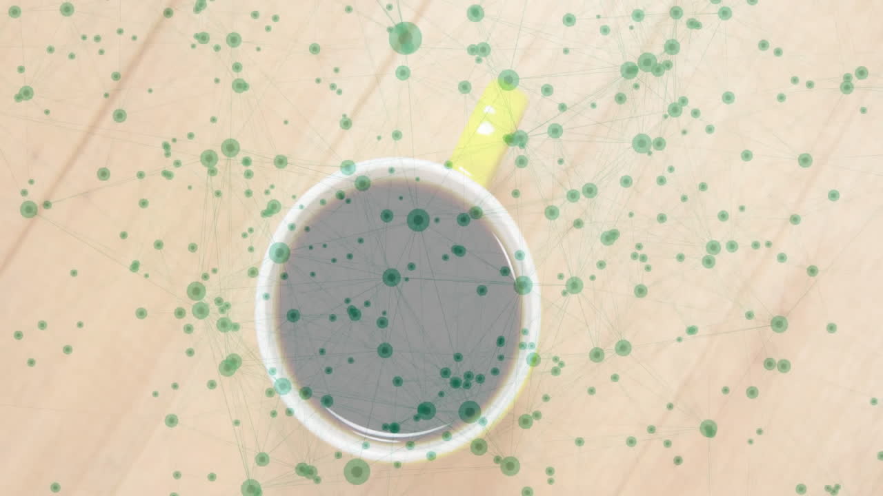 White coffee mug floating over wooden tabletop in scene, showing translucent green data nodes