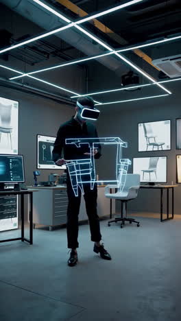 man designing a chair using virtual reality in a futuristic studio
