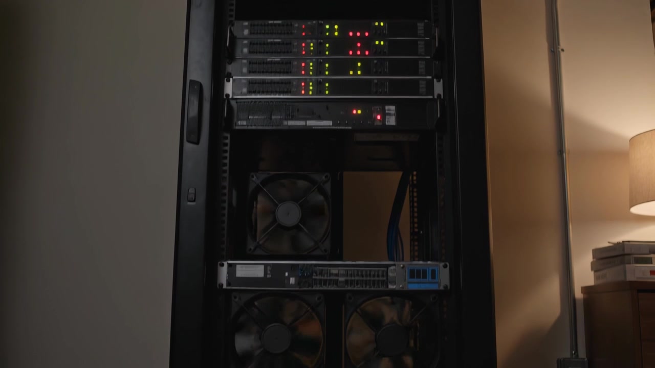 Tilting camera revealing black server rack in small equipment room, showing silver chassis and fans