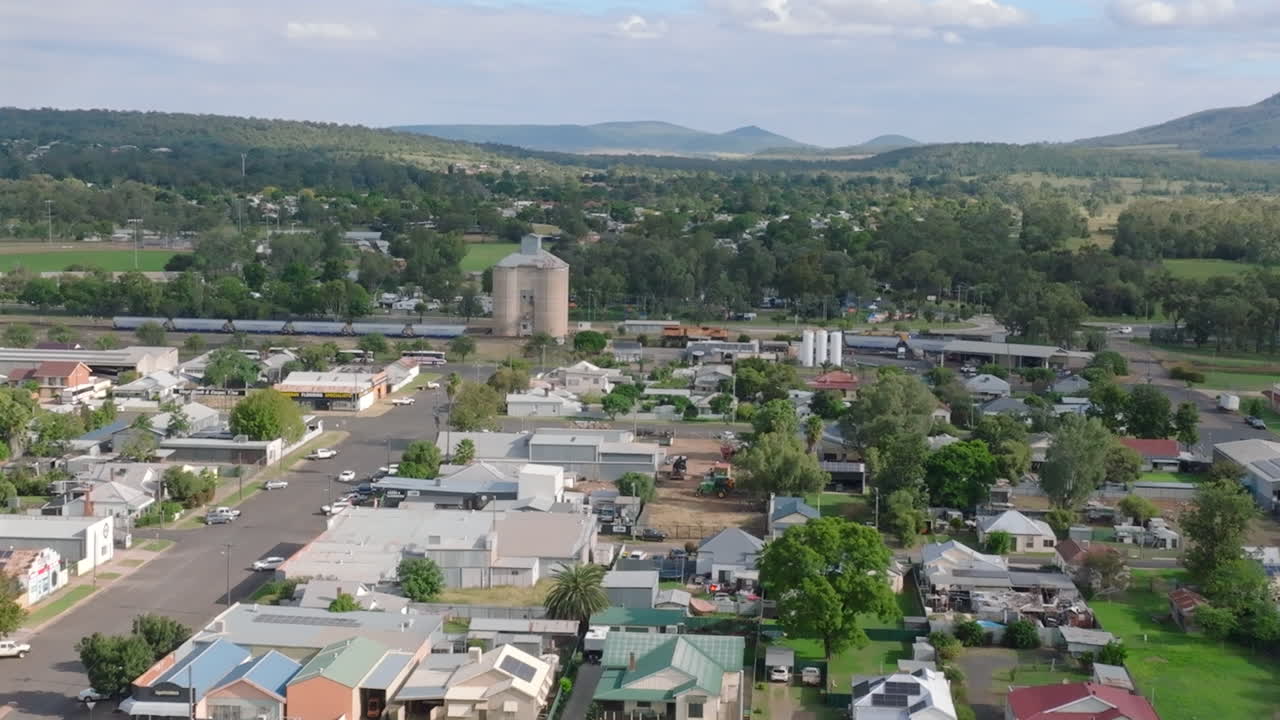 Drone footage showing the town of Gunnedah in New South Wales, Australia.