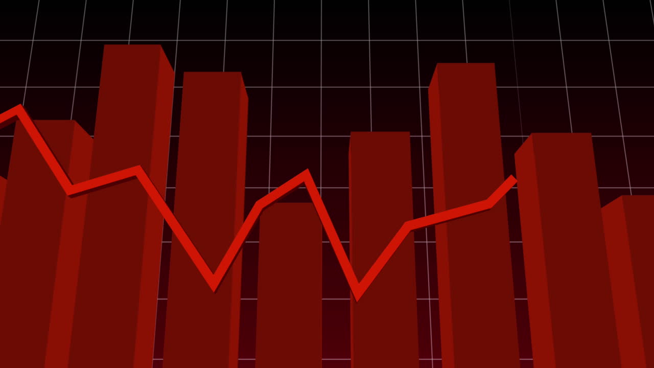 animación de líneas rojas con estadísticas y procesamiento de datos financieros sobre la cuadrícula