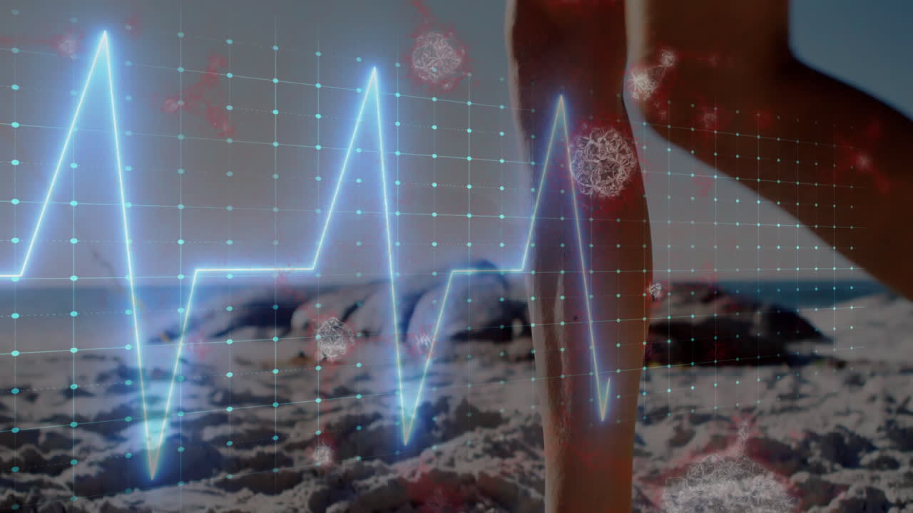 Mid adult woman's lower leg stepping on beach, with digital grid, medical ECG waveform, virus icons