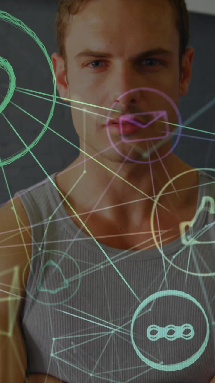 Camera rising, revealing face, man shifting gaze, holographic icons linking smartwatch to network