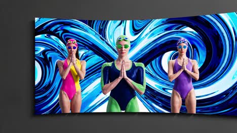 three swimmers in abstract background