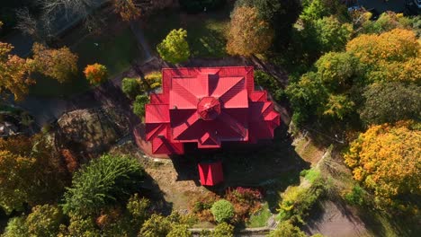 top down of red roof on mansion