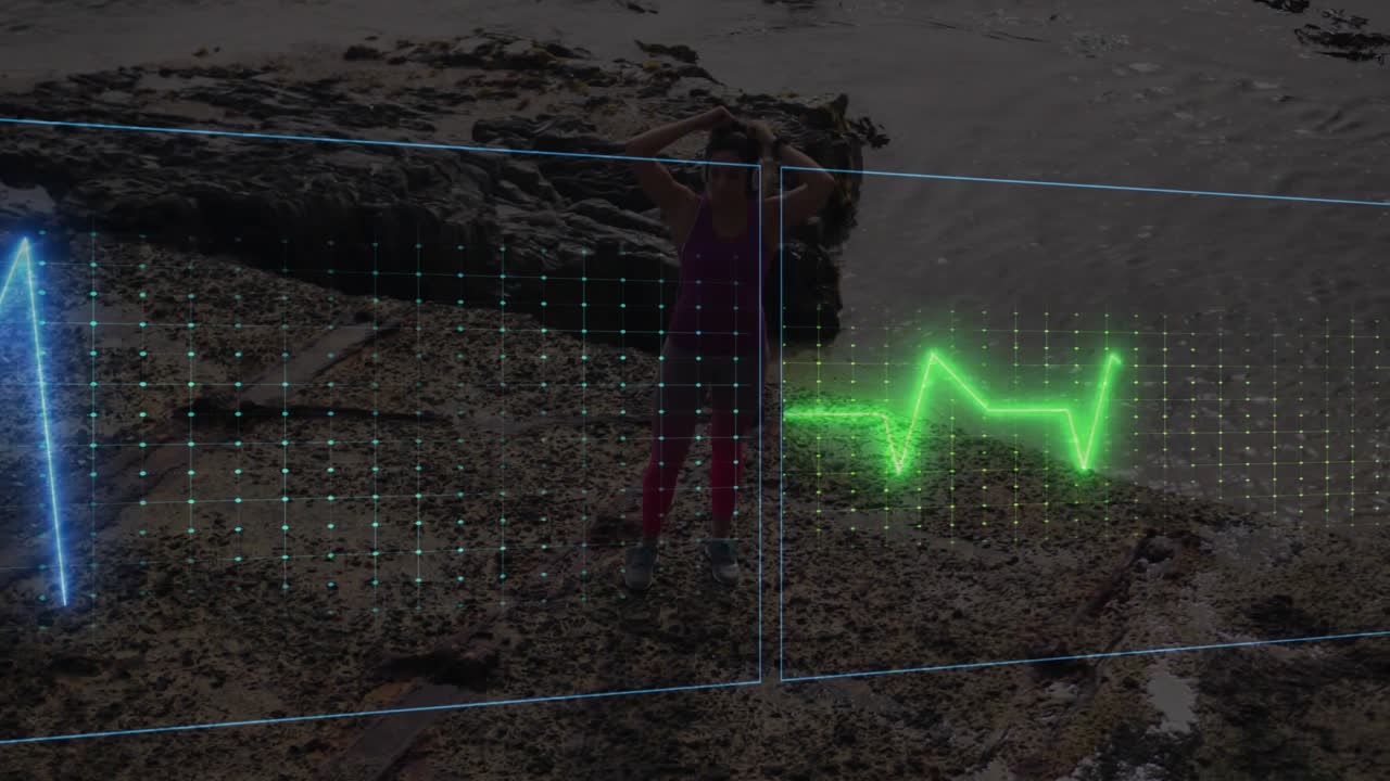 Blue waveform starting right sliding left revealing woman on shore raising hands, health showing