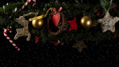 Animation-of-baubles-decorations-on-christmas-tree-with-snow-falling