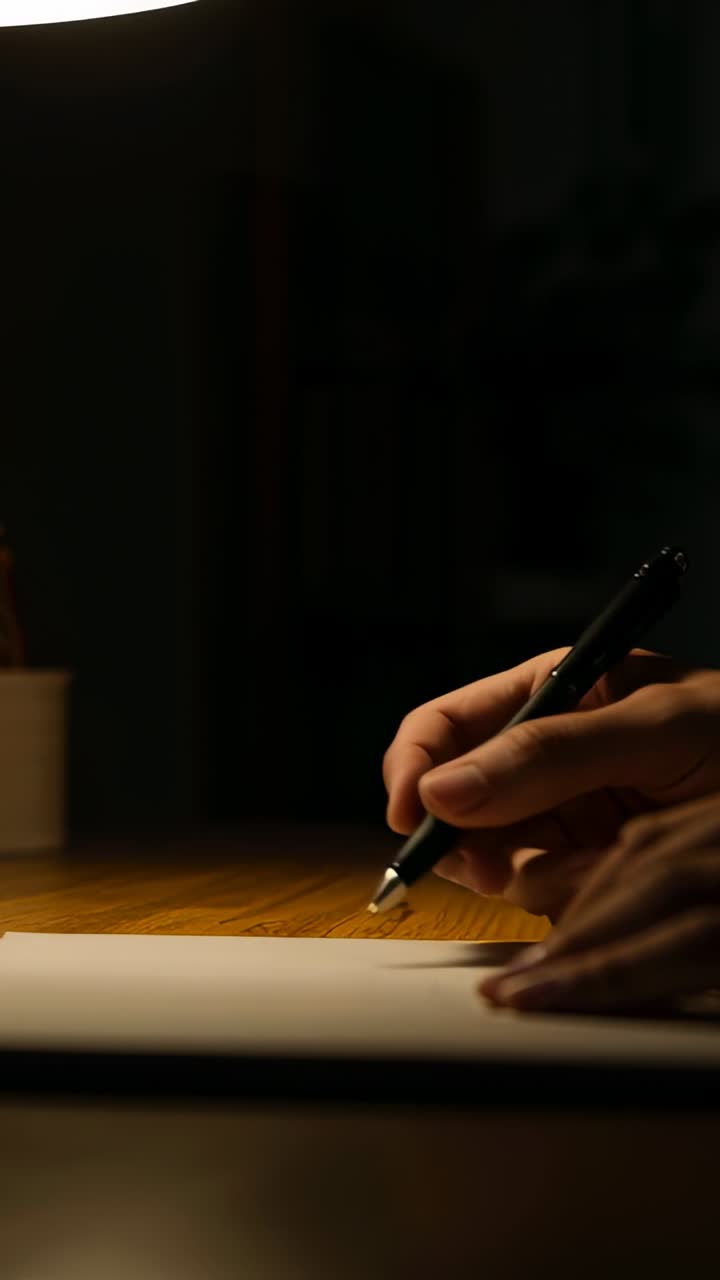Verticale video: Een donkere pen laten zakken, handen in donkere mouw maken aantekeningen op papier onder een lamp.
