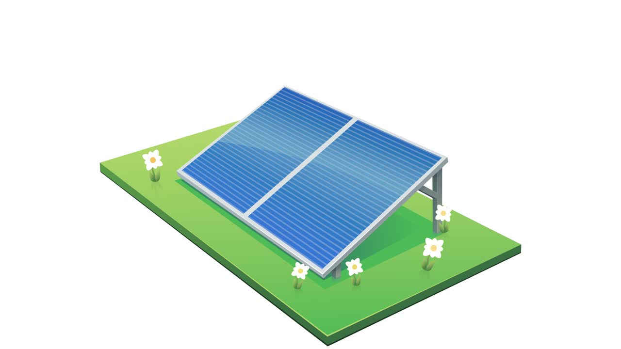 Solar panel hit by sun rays animation loop on white background ...