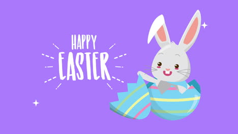 feliz tarjeta animada de pascua con huevo pintado y conejo