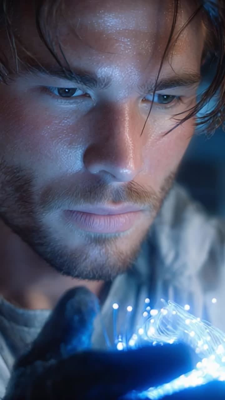 A focused individual examines a glowing orb of light with intense curiosity, highlighting the wonder and beauty of technology and human connection in a modern world