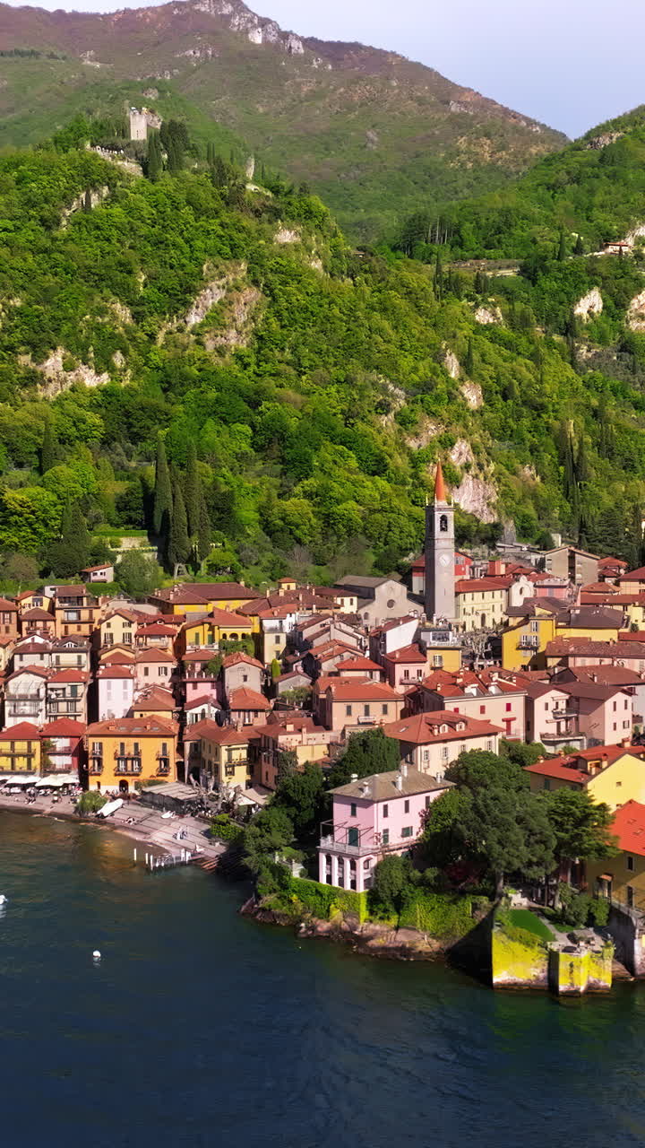 Aerial drone view of Varenna village near Lake Como, Italy. Vertical