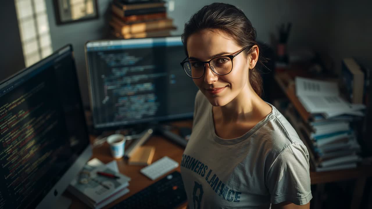 Noticing camera coder in eyeglasses and T-shirt turning head, smiling at home with code monitors