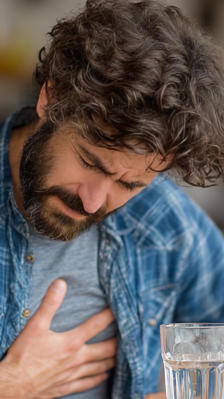 Um Homem Sente Desconforto no Peito, Mostrando Sinais de Angústia Enquanto Está Sentado à Mesa com um Copo de Água, Destacando um Momento de Preocupação com Sua Saúde