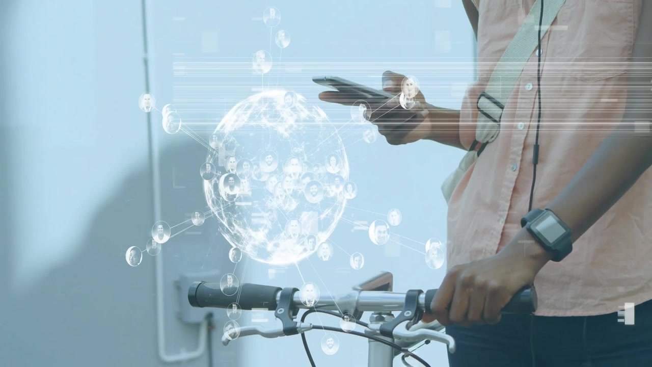 Woman standing by bicycle holding handlebar and tapping phone controlling tech globe nodes