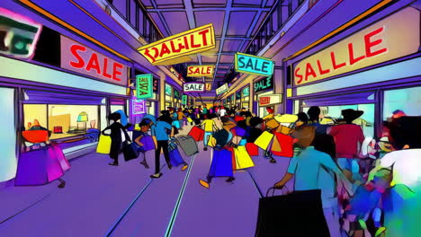 vibrant cartoon scenes of retail and digital commerce